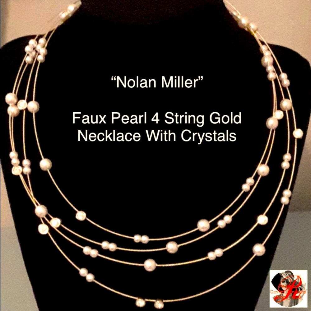 The Nolan Miller Faux Pearl 4 String Gold Necklace With Crystals💎